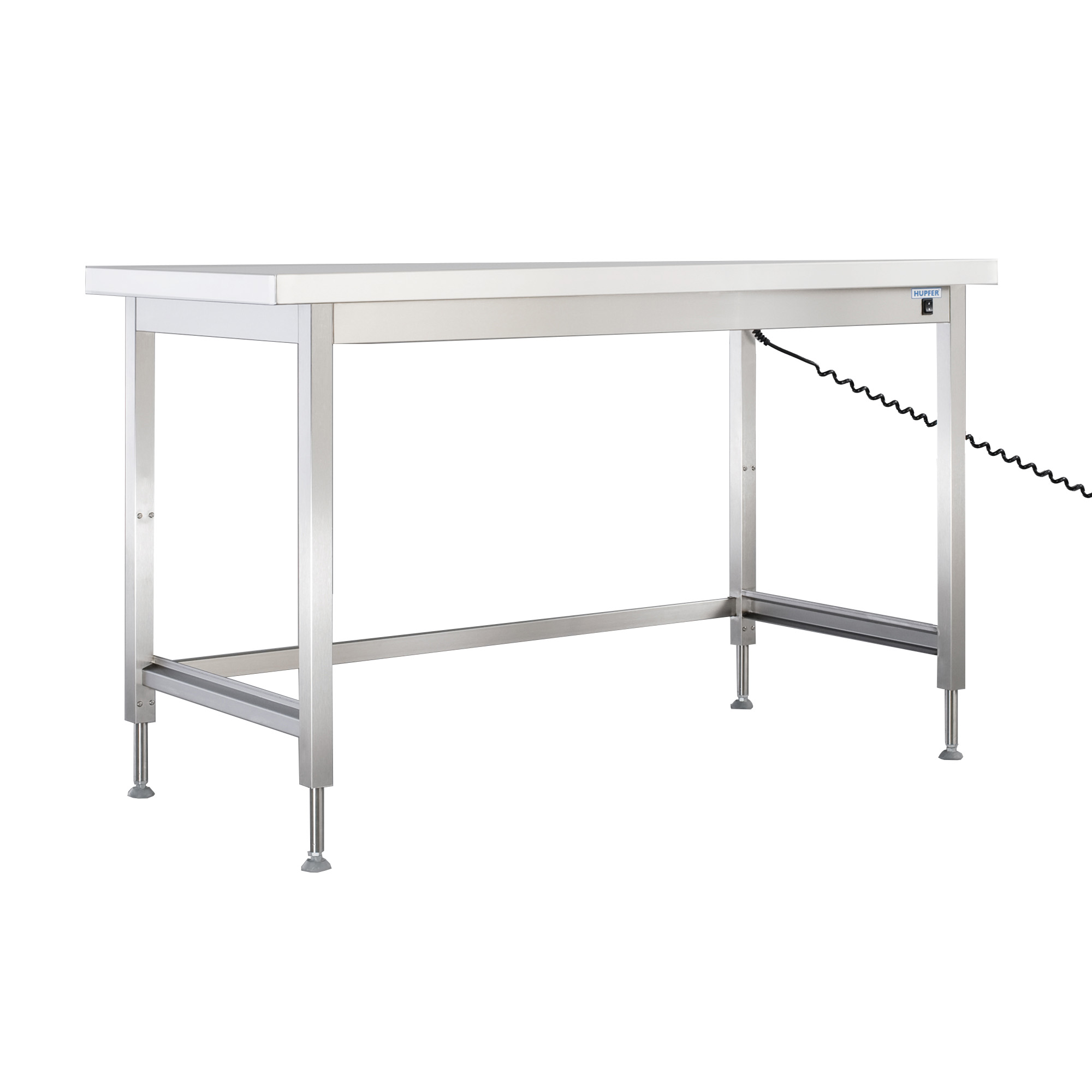 Table à hauteur variable, châssis inox, desssus en résine minérale
