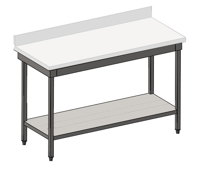 Table adossée, châssis inox, dessus résine minérale, étagère basse
