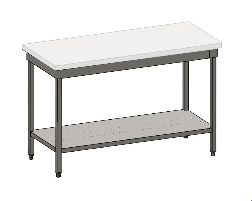 Table centrale, châssis inox, dessus résine minérale, étagère basse